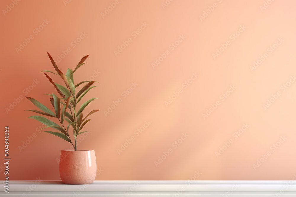 Fototapeta premium Minimalist abstract delicate peach fuzz color wall background with a plant on the floor in sunlight