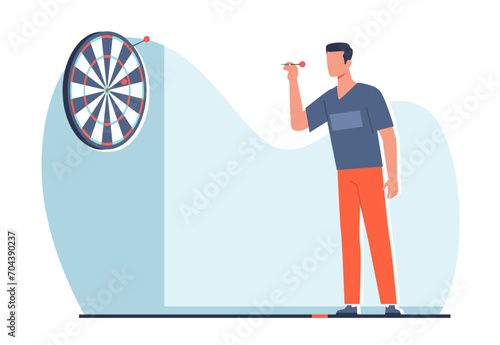 Man playing darts. Aim at target. Male character ready to throw arrow. Hobby and leisure time. Dartboard on wall. Achievement goals metaphor. Play game. Cartoon isolated vector concept