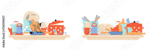 Mountain of dirty dishes and clean washed ceramic plates. Cooking and dining crockery, bowls and cups, saucepan and mug. Housework on kitchen. Cartoon flat isolated vector concept