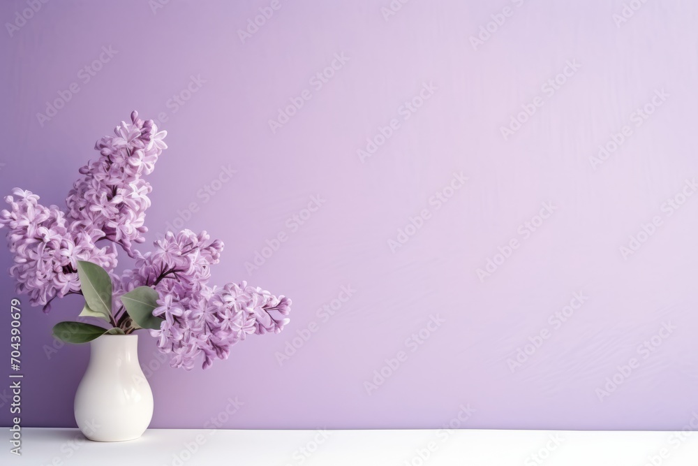 Minimalist abstract delicate lilac background, with a bouquet of flowers in a vase