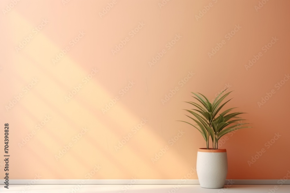 Minimalist abstract delicate peach fuzz color wall background with a plant on the floor in sunlight
