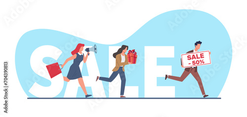 Pushy salesmen chasing fleeing customer. Woman with loudspeaker, girl buying presents and gifts for holidays. Discount and sale offer. Huge letters. Cartoon flat isolated vector concept