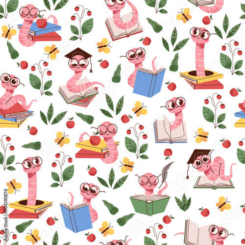 Seamless pattern with scientist worm wearing glasses with books. Decor textile, wrapping paper, wallpaper design. Print for fabric. Earthworm smart insect, cartoon flat vector concept