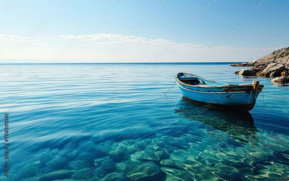 Naklejka premium Solitary blue wooden boat floating on calm ocean waters under clear skies, representing solitude, peace, and the vastness of the sea