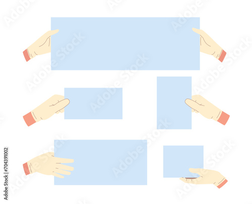 Set of gloved hands holding white cards. Advertising template. Horizontal and vertical banners. Doctor or nurse arms. Medical empty paper poster. Cartoon flat isolated vector concept