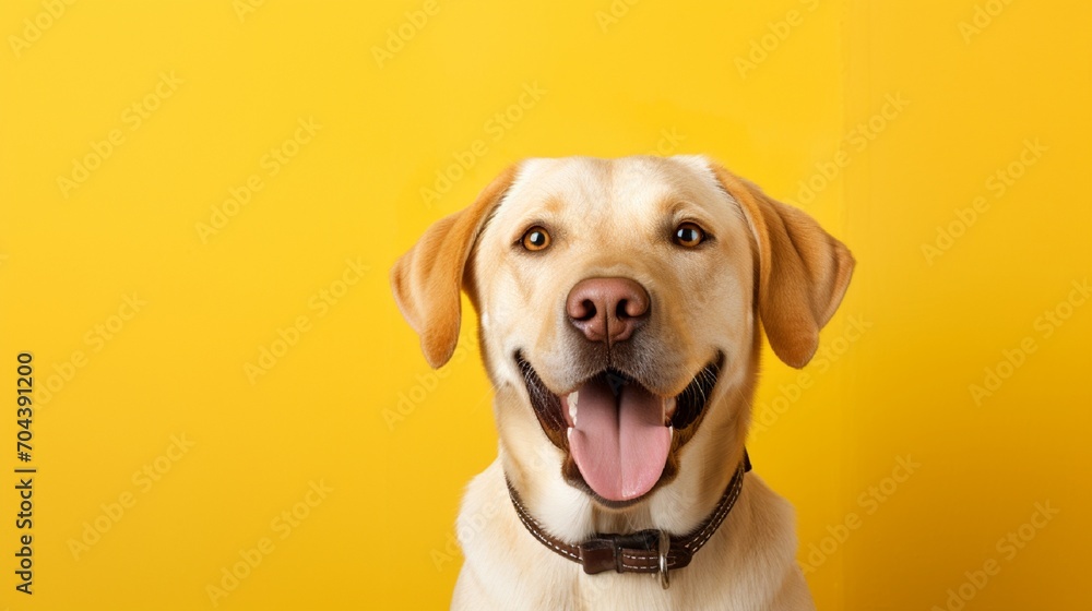 A close-up of a cheerful, golden Labrador retriever in front of a yellow wall.