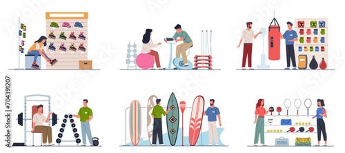 Sport shop people. Buyers try on roller skates, consider exercise machines and tennis rackets, athletes choose equipment, happy customers consult with seller, man and woman nowaday vector set