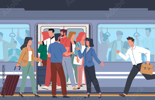 Subway car crowded with people during rush hour. Underground city transport. Men, women and kids in railway commuter. Waiting for train to arrive. Cartoon flat isolated vector concept