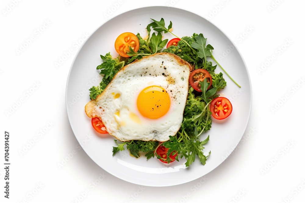 Fried eggs with vegetables and herbs in plate on white background Fried eggs with vegetables and herbs in plate on white background
