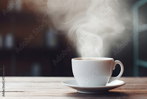 Steaming Cup of Coffee on Wooden Table, A Warm Beverage to Start Your Day in a Rustic Setting