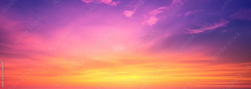 Orange, pink, purple and yellow fiery sunset - Fantasy vibrant panoramic sunset sky - Gradient rich colors - ethereal dreamy summer sunset or sunrise sky. Uplifting and peaceful sky.