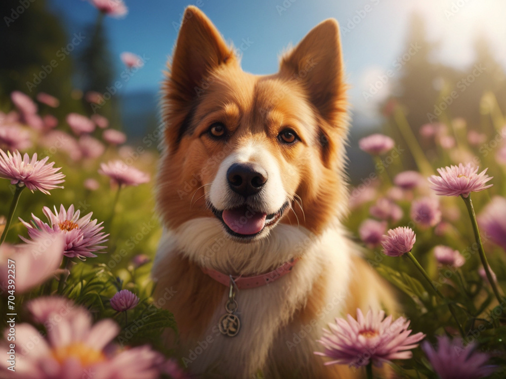 A dog running and playing in a field of flowers joyfully. A dog running and playing in a field of flowers joyfully.