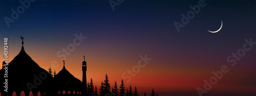 Islamic Background,Dome Mosques,Crescent Moon,Starry on Dark Blue Sky Background,Vetor symbol islamic religion with twilight sky,Banner Eid al-Adha,Eid al-fitr,Mubarak,New year Muharram,Ramadan Kareem