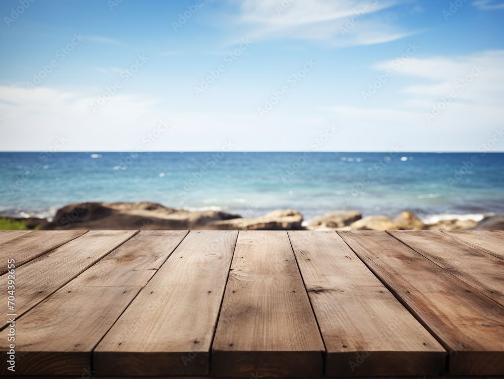 An empty wooden table with a blurred ocean view