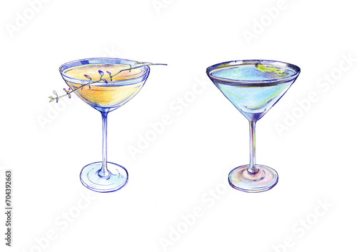 Drink bar Classics cocktails Bees knees Aviation. Sketch set alcohol beverages hand drawn refreshing drinks. Design menu, party, club, wall decoration prints. Pencils pen isolated on white. Speakeasy