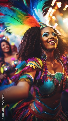 A smiling Afro-Brazilian woman in a colorful carnival costume is dancing. © Adobe Contributor