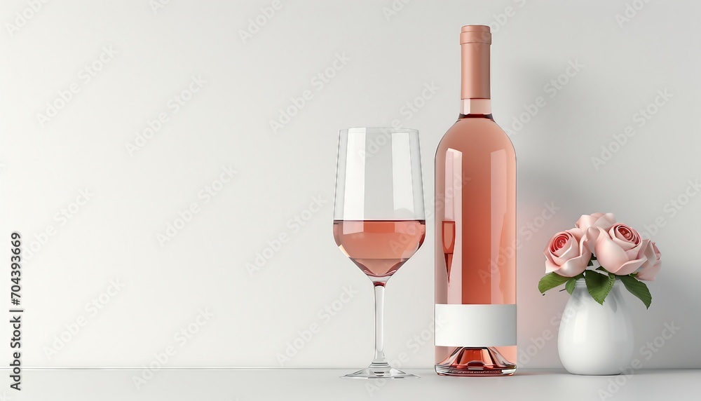 Rosé wine bottle for label layout with a glass of wine on a white background. Advertisement and branding, AI illustrations Rosé wine bottle for label layout with a glass of wine on a white background. Advertisement and branding, AI illustrations