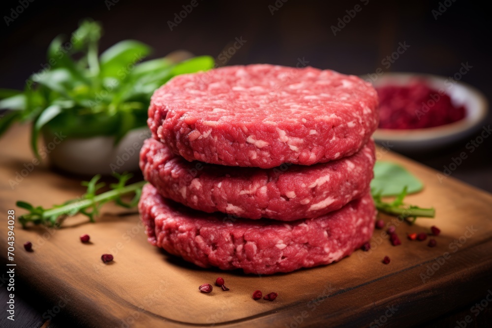 Raw Burger Patties on Wooden Cutting Board Raw Burger Patties on Wooden Cutting Board