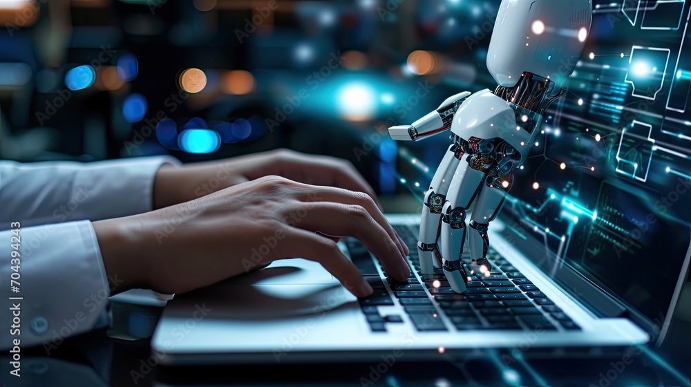 man using laptop for searching of technology smart open AI or artificial intelligence using an artificial intelligence chatbot developed. man using laptop for searching of technology smart open AI or artificial intelligence using an artificial intelligence chatbot developed.