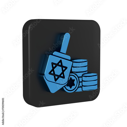 Blue Hanukkah dreidel and coin icon isolated on transparent background. Black square button. photo