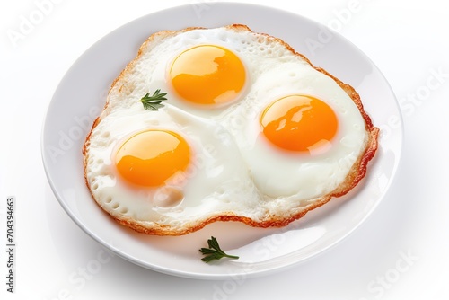 Fried eggs in plate isolated on white background
