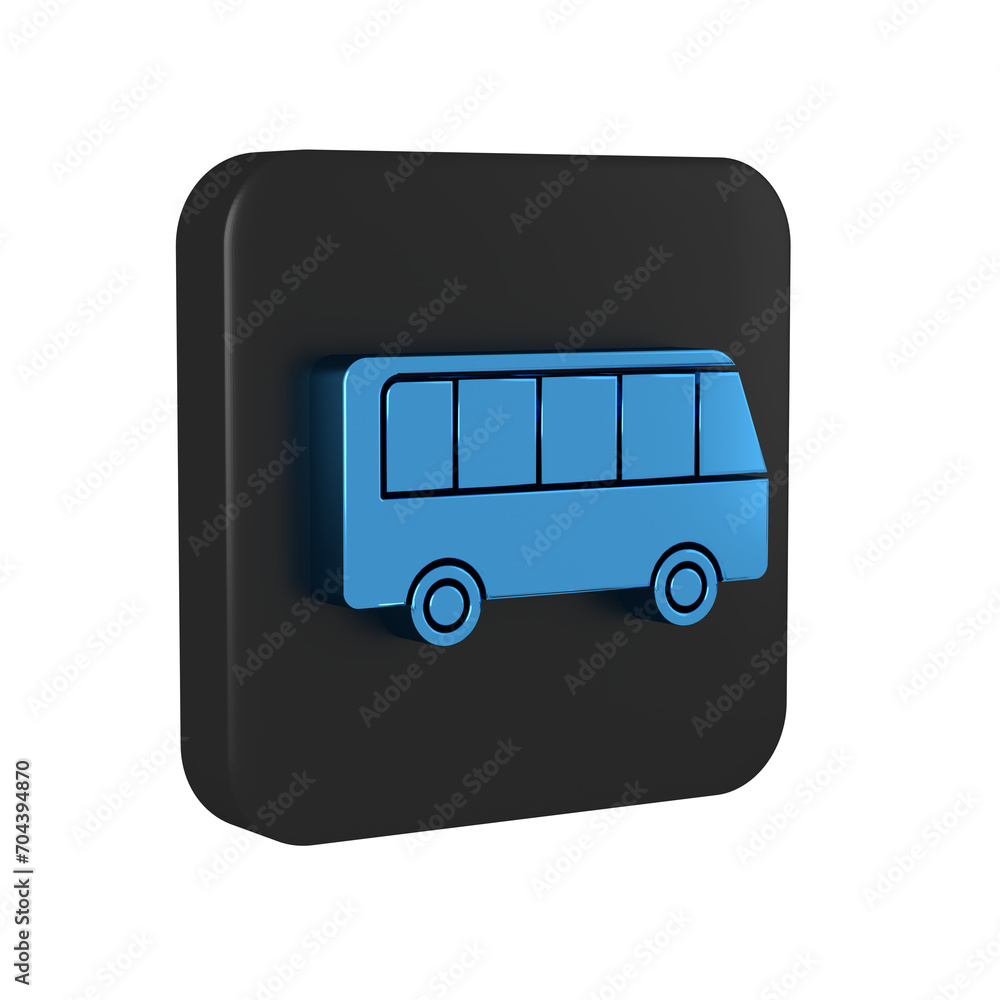Blue Bus icon isolated on transparent background. Transportation concept. Bus tour transport sign. Tourism or public vehicle symbol. Black square button. Blue Bus icon isolated on transparent background. Transportation concept. Bus tour transport sign. Tourism or public vehicle symbol. Black square button.