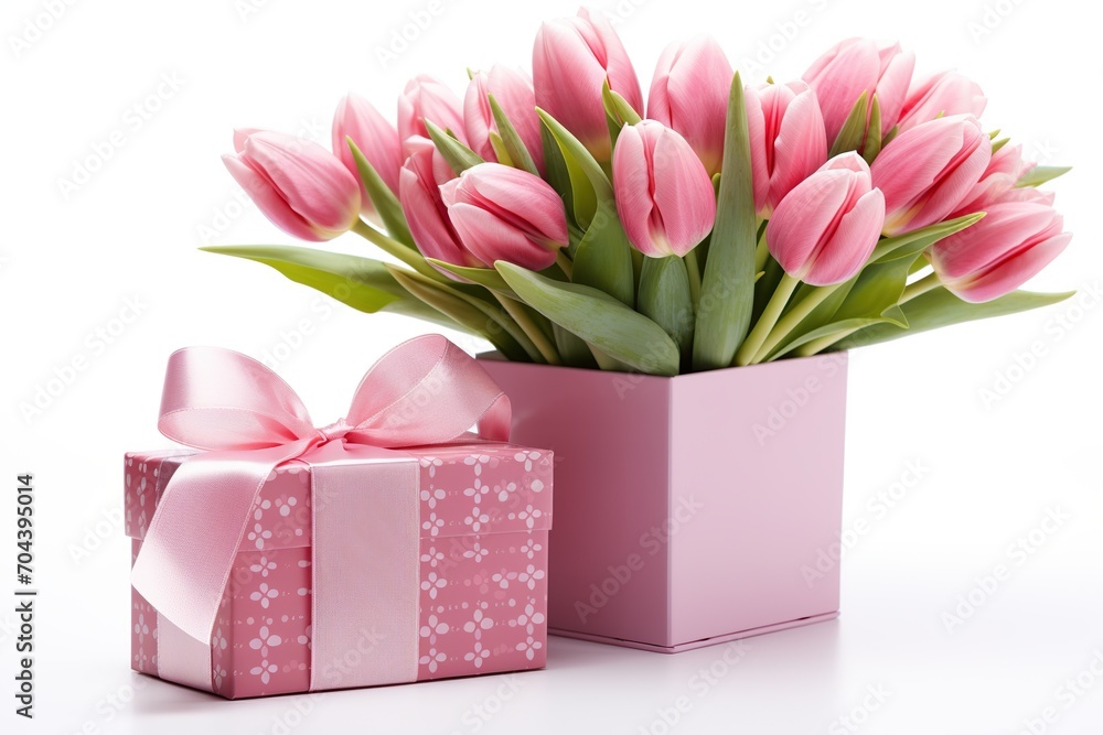 Fototapeta premium Gift box with ribbon bow and bouquet of tulips on white background. Mother's Day concept