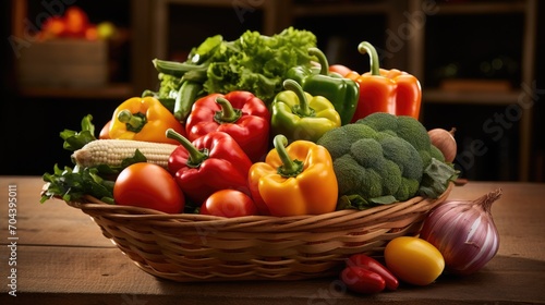 colorful and organic vegetables in basket. juicy red tomatoes bell peppers green. Healthy. vegetarian