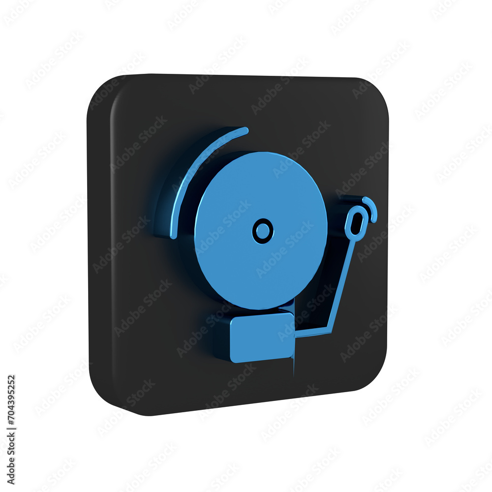 Blue Ringing alarm bell icon isolated on transparent background. Alarm symbol, service bell, handbell sign, notification symbol. Black square button. Blue Ringing alarm bell icon isolated on transparent background. Alarm symbol, service bell, handbell sign, notification symbol. Black square button.