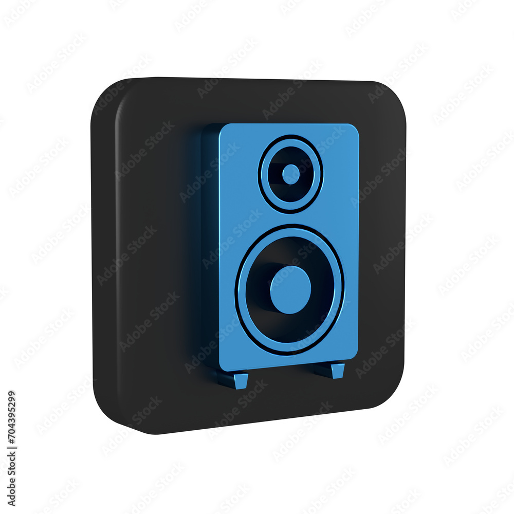 Blue Stereo speaker icon isolated on transparent background. Sound system speakers. Music icon. Musical column speaker bass equipment. Black square button. Blue Stereo speaker icon isolated on transparent background. Sound system speakers. Music icon. Musical column speaker bass equipment. Black square button.