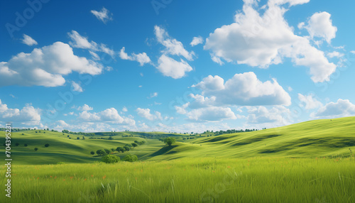 Green meadow with beautiful clouds in the sky. 