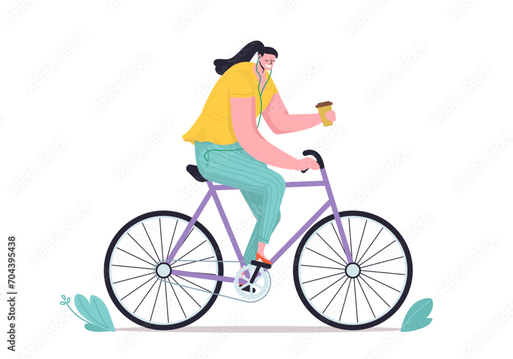 Funny smiling woman with coffee riding on bicycle. Cute vector illustration in flat style Funny smiling woman with coffee riding on bicycle. Cute vector illustration in flat style