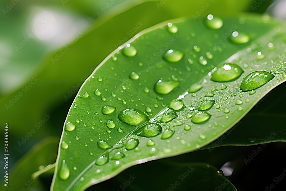 Fototapeta premium Water drops on green leaves
