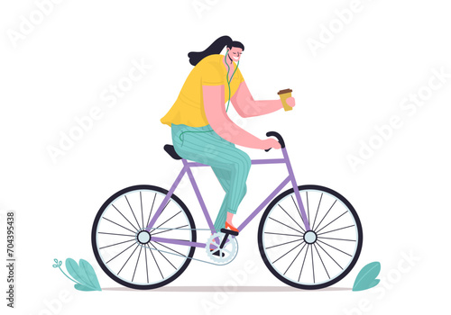 Funny smiling woman with coffee riding on bicycle. Cute vector illustration in flat style