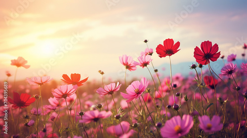 landscape nature background of beautiful pink and red flowers