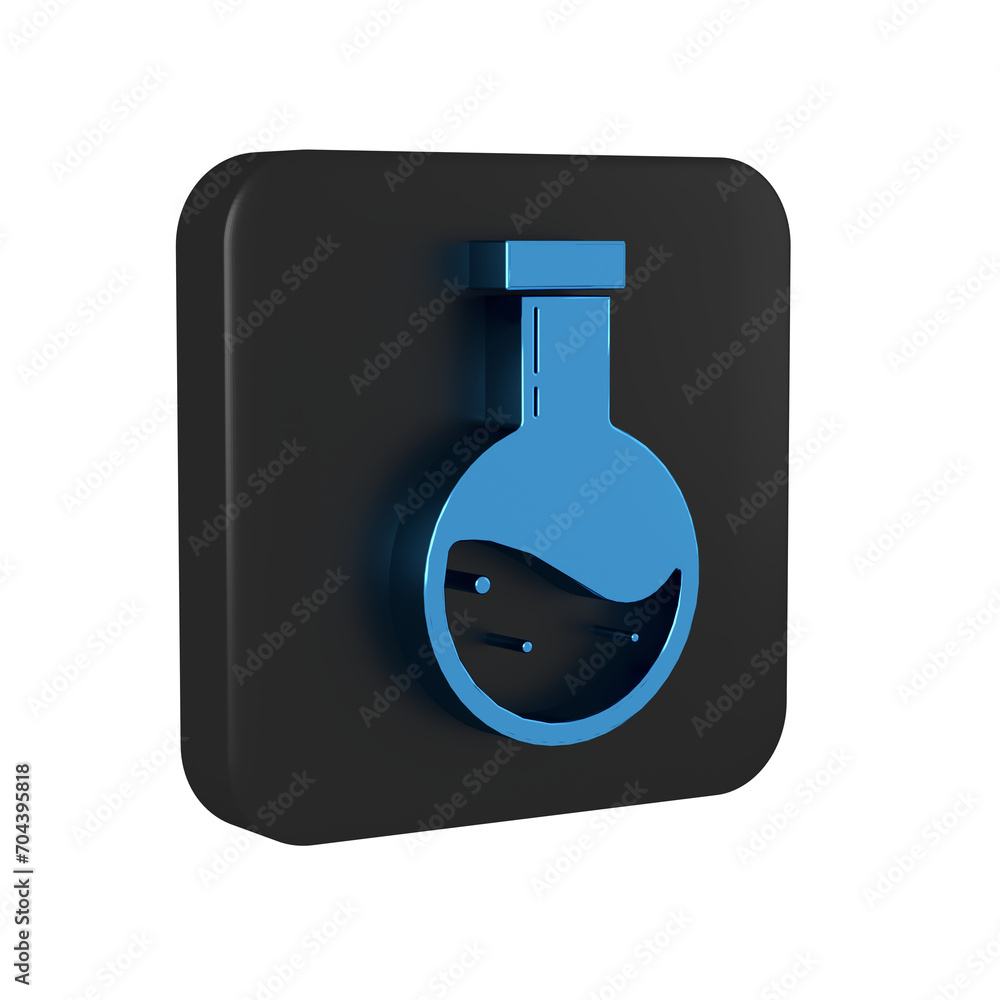 Blue Bottle with potion icon isolated on transparent background. Flask with magic potion. Happy Halloween party. Black square button. Blue Bottle with potion icon isolated on transparent background. Flask with magic potion. Happy Halloween party. Black square button.
