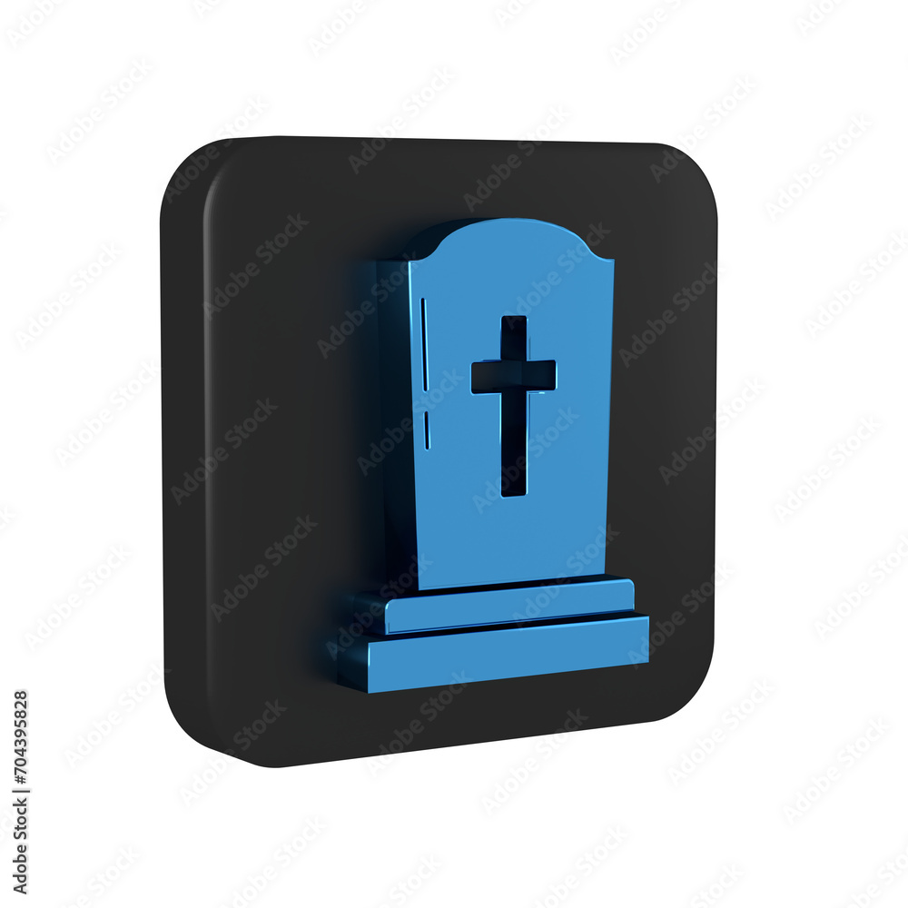 Obraz premium Blue Tombstone with cross icon isolated on transparent background. Grave icon. Black square button.