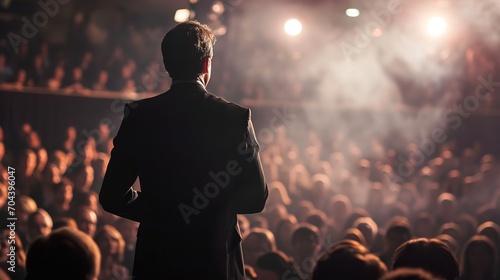 Rear view of motivational speaker standing on stage in front of people. Created with Generative Ai technology.