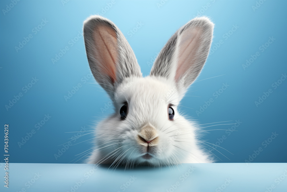 Cute white pet rabbit on the table against blue wall. Happy Easter concept, pet shop or vet clinic banner with copy space