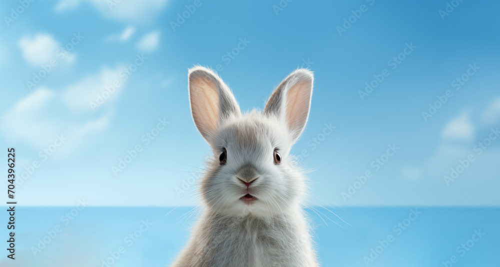 Obraz premium Fluffy cute white Easter bunny looking at the camera on blue sky and sea background with copyspace. Rabbit on vacation