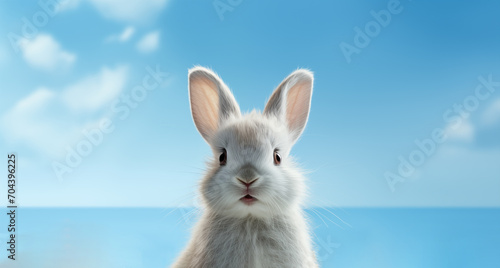Fluffy cute white Easter bunny looking at the camera on blue sky and sea background with copyspace. Rabbit on vacation © olympuscat