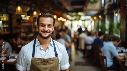Confident waiter in apron standing in busy restaurant