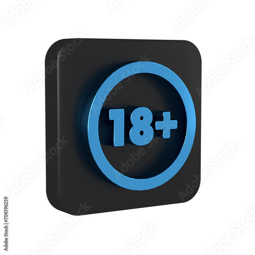 Blue Plus 18 movie icon isolated on transparent background. Adult content. Under 18 years sign. Black square button.