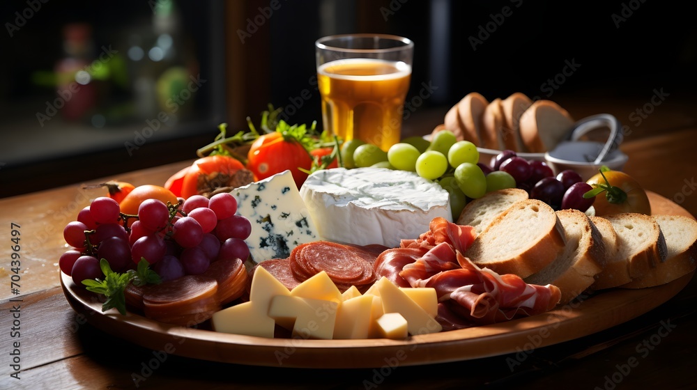 perfect Ploughman's Lunch with bread, sausage, grapes, filled tomatoes and many types of cheese serve with beer
