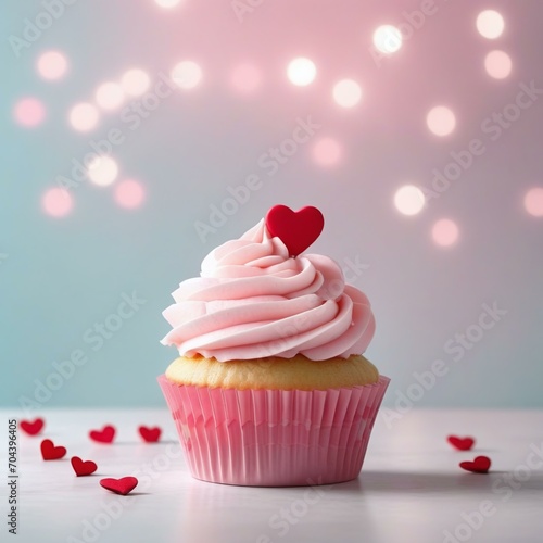 Adorable Pastel Pink Valentine's Day Cupcake with a Red Heart on Top, a Chic and Lovely Background Image