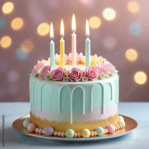 Beautiful Birthday Cake with Candles and Floral Decorations in Chic Pastel Colors