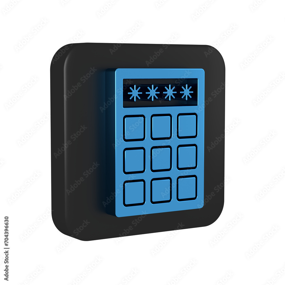 Blue Password protection and safety access icon isolated on transparent background. Security, safety, protection, privacy concept. Black square button. Blue Password protection and safety access icon isolated on transparent background. Security, safety, protection, privacy concept. Black square button.