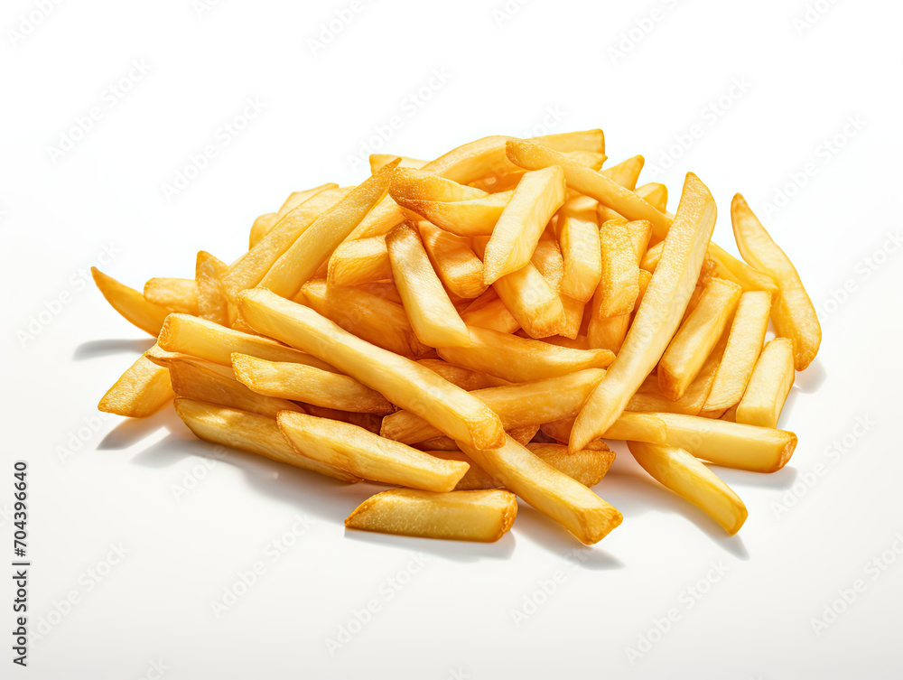 A Pile of Crispy French Fries Resting on a Clean White Table A Pile of Crispy French Fries Resting on a Clean White Table