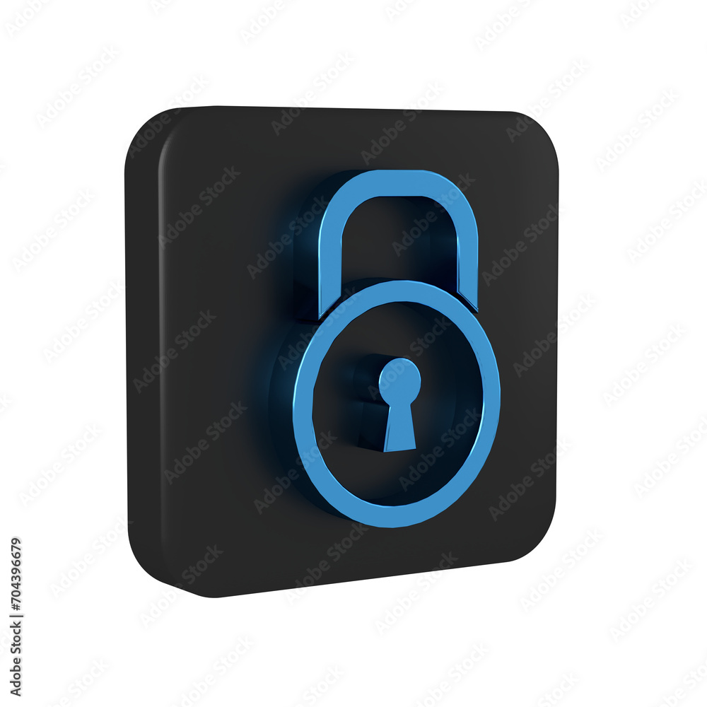Blue Lock icon isolated on transparent background. Padlock sign. Security, safety, protection, privacy concept. Black square button. Blue Lock icon isolated on transparent background. Padlock sign. Security, safety, protection, privacy concept. Black square button.