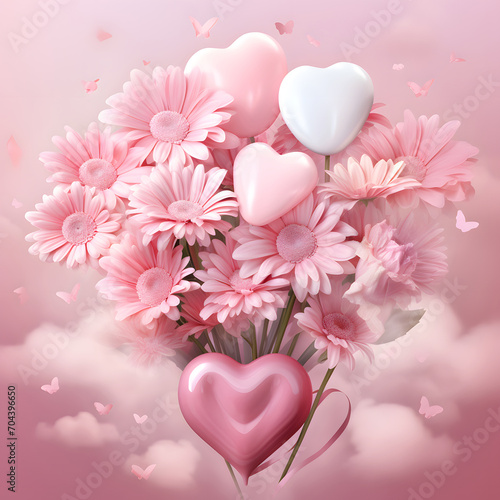 Romantic gift for Valentine day, pink hearts with beautiful fresh flowers, or invitation card for wedding day, engagement or born baby.